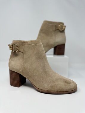 Tory Burch Suede Ankle Boots Tan Beige Block Heel Booties Leather 6.5 Women’s